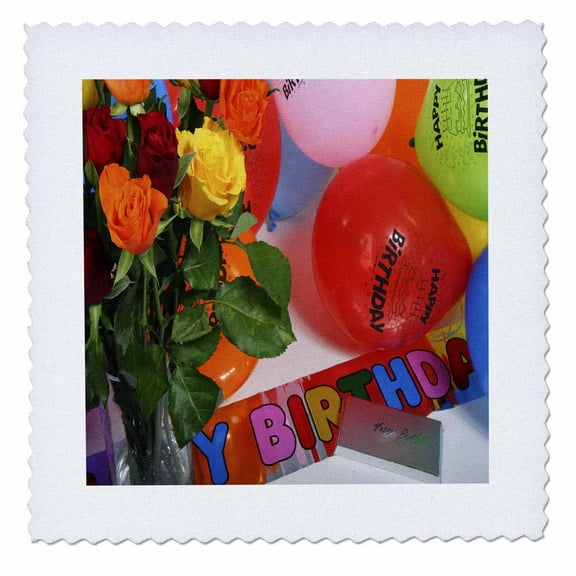 3dRose, Happy Birthday with Flowers and Balloons, 10x10 inch quilt square