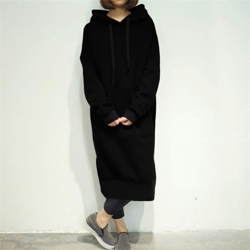 Skpblutn Women'S Sweatshirt Hoodies Winter Fall Casual Comfortable Tops Warm Hooded Baggy Pullover Over Long Dress Round Neckline Long Sleeve Plus Size Sweatshirts Black L
