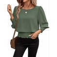thumbnail image 3 of Women'S 3/4 Sleeve Round Neck Blouses Elastic Waist Hem Smocked Shirts Casual Solid Tops Army Green XL, 3 of 9
