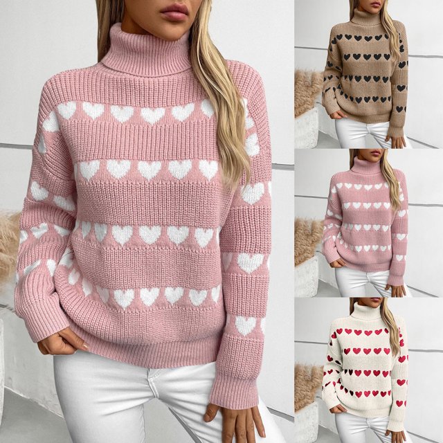 LOVZFMLL Women's Sweaters Acrylic Turtleneck Ribbed Pullover Heart Print Striped Casual Basic Loose Long Sleeve Tops Warm Fall Winter Clothes