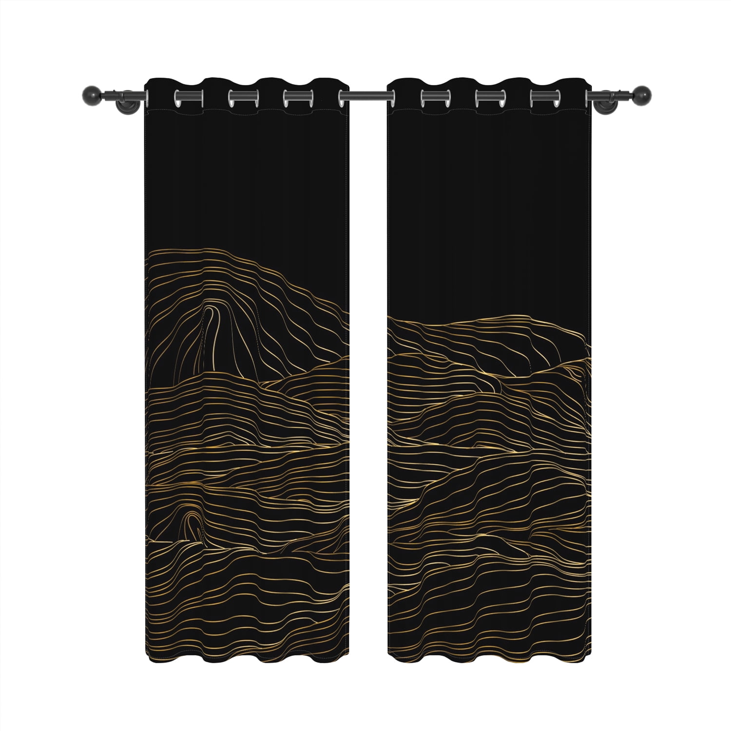 Lfeey Gold Line Wave Blackout Curtains, Bedroom Darkening Blackout Curtains, 52x96 inches, Black Gold, 2 panels