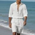 thumbnail image 3 of Hrsba Men Outfits 2 Piece Set, Solid Color Linen Button Lapel Long Sleeve Shirt and Drawstring Elastic Waist Shorts Summer Beach Set, 3 of 5
