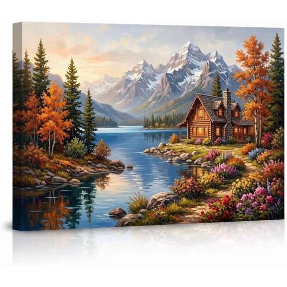 Mountain Landscape Canvas Wall Art Cozy Log Cabin by Lake Scenery Autumn Forest Nature Posters Colorful Oil Painting Print for Living Room Bedroom Home Office Decor