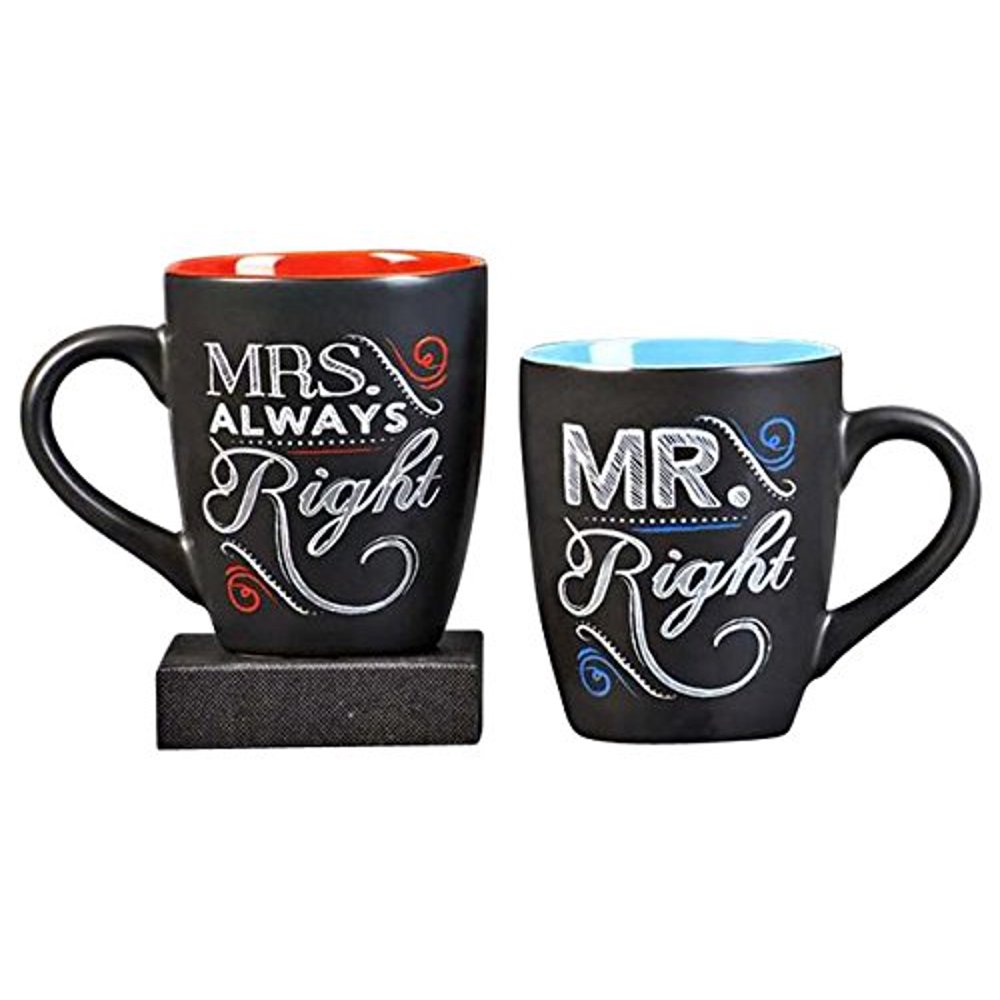 Novelty Coffee Tea Mug Set for Newlyweds Chalk Talk Mr. Right and Mrs
