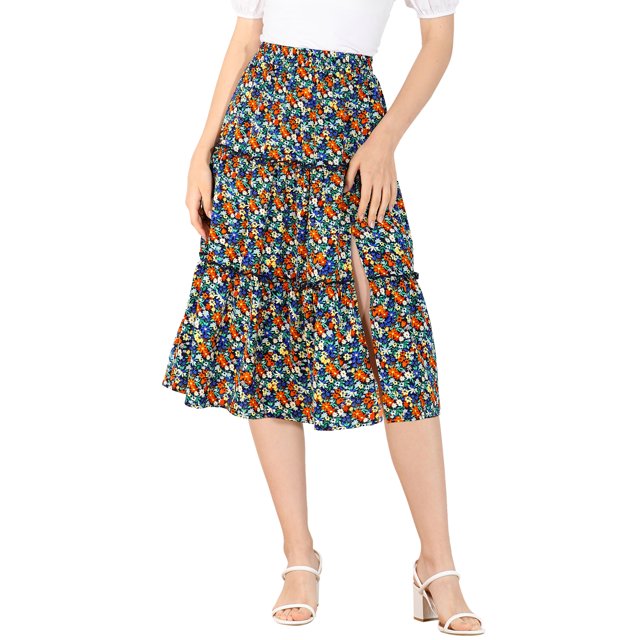 Faldas de impresión floral Allegra K para mujeres, con cintura elástica, volantes en capas y falda midi negra L