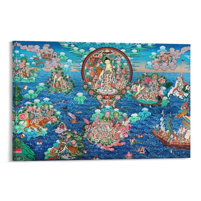 Póster de Thangka tibetano de Sakyamuni y Arhats, pintura en lienzo, arte de pared, impresiones, fotos colgantes, regalo, decoración para el hogar, carteles, obras de arte, 12 x 18 pulgadas (30 x 45