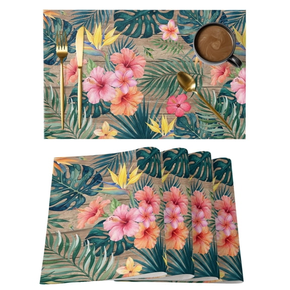 Coastal Floral Placemats Set of 4 Summer Palm Leaf Tropical Botanical Vintage Place Mats Indoor Wipeable Table Mats Washable Cloth Dining Table Placemats for Kitchen Holiday Party Decor 13x19 Inch