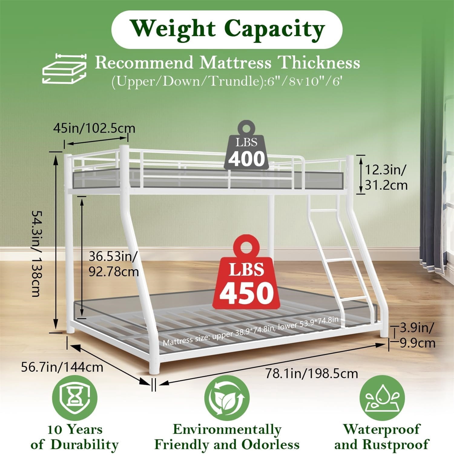 Alvantor Twin over Full Size Metal Bunk Bed for Kids Teens, Heavy Duty Ded Frame with Guardrail and Ladder White