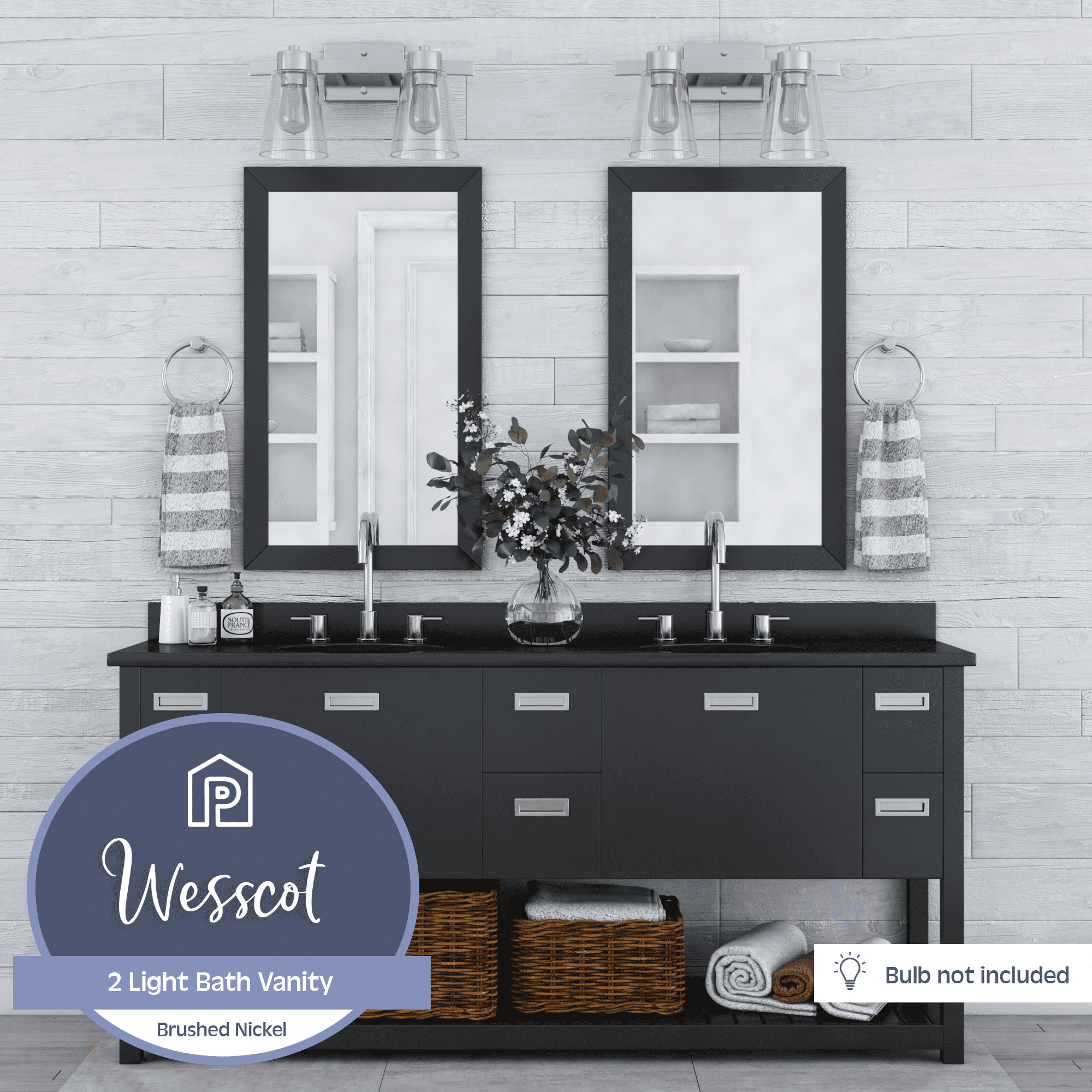 Prominence Home Fairendale 2-Light Brushed Nickel Bathroom Vanity Light with Clear Glass Shade