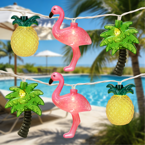 Tropical beach string lights,8.5FT 10 LED Summer Beach Hawaiian String Lights Plug in - Flamingo Pineapple Palm Tree Fairy Lights for Tropical Party Pool Decoration