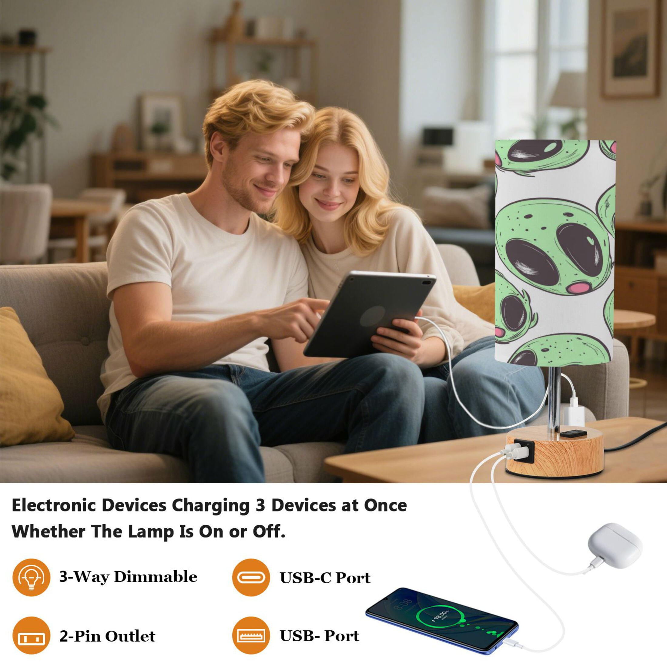 Touch-Control 3-Color Desk Lamp with Plug – Energy-Saving LED + 3 Simultaneous Charging Ports Cartoon Green Aliens
