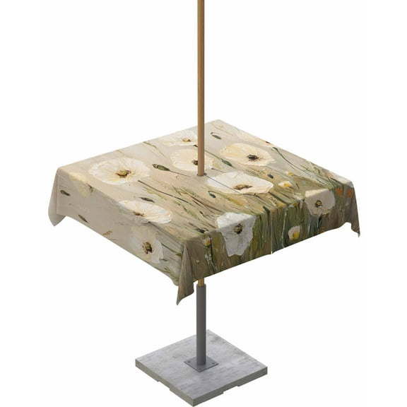 nqOlkjepod Vintage Flowers Outdoor Tablecloth with Umbrella Hole & Zipper, Farm Daisies Watercolor Graffiti Art Square Table Cover 54x54 Inch, Dining Waterproof Table Cloth Protector for Patio/Party
