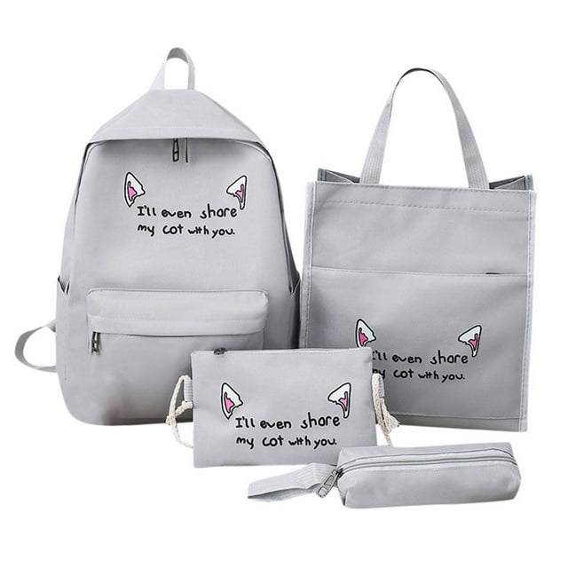 Gray Gray Campus Student Backpack Four Piece Set Cloth Waterproof Bag For School College Travel Lightweight Durable Multiple Compartments Comfortable Carry Daily Use Bookbag