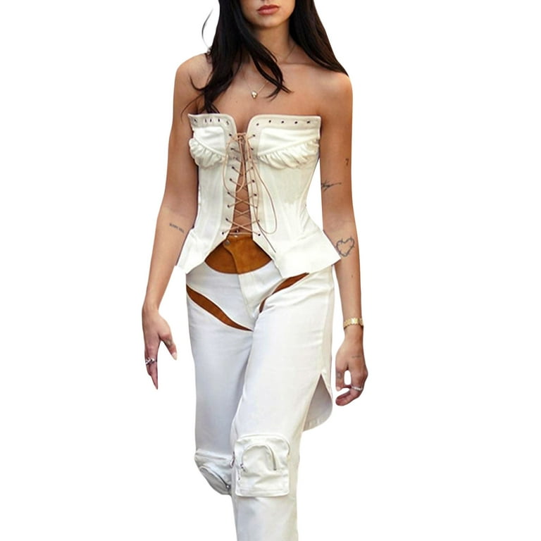 KOMOO Women Irregular Corset Bustier Vintage Cross Bandage Corset Tied  Waspie Corset Waist Belts 