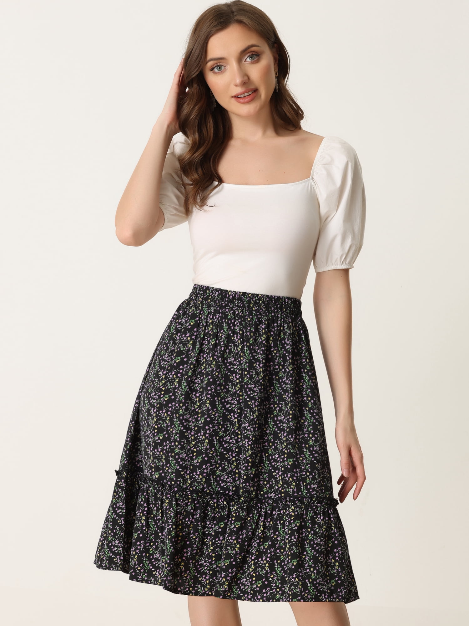 DARING DIVA Women's Flowy Ruffle Hem Tiered Floral Midi Skirt XS Black Floral