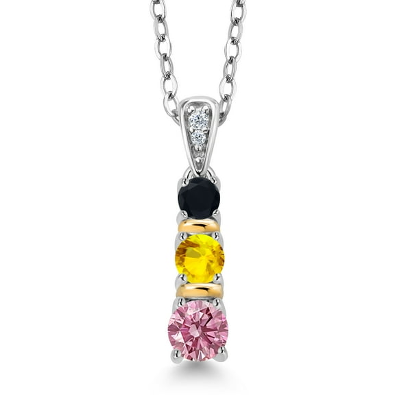 Gem Stone King 925 Silver and 10K Yellow Gold Round Pink Lab Grown Diamond Yellow Sapphire and Black Onyx Pendant Necklace for Women (0.51 Cttw, Gemstone April Birthstone, with 18 inch Chain)