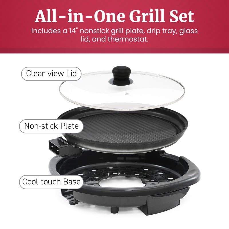 Elite Cuisine EMG508 14-inch Electric BBQ Grill with Tempered Glass Lid