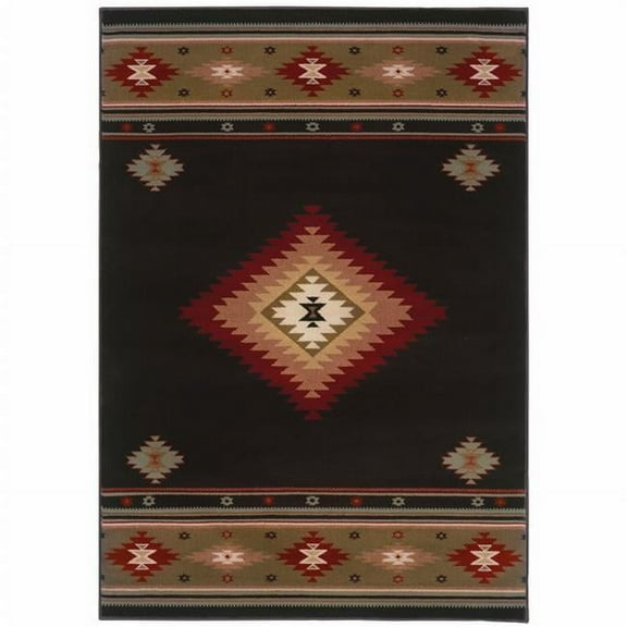 10' X 13' Black And Green Southwestern Power Loom Stain Resistant Area Rug