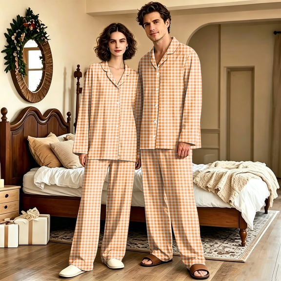 Dwelliawo Mens Flannel Pajama Sets Plaid Cotton Pajamas Pjs Set Button Down Soft Warm Lounge Sleepwear Tops & Pjs Pants Saffron XL