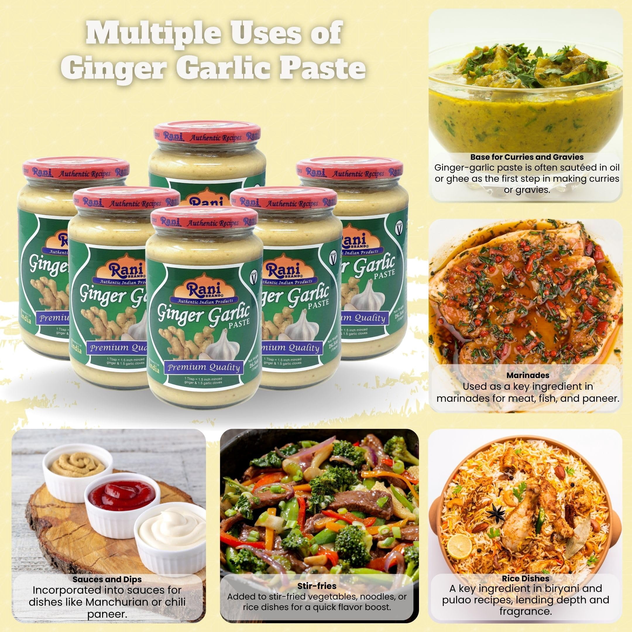 Rani Ginger Garlic Cooking Paste 26.5oz (750g) Glass Jar, Pack of 5+1 FREE ~ Vegan | Gluten Free | NON-GMO | No Colors | Indian Origin