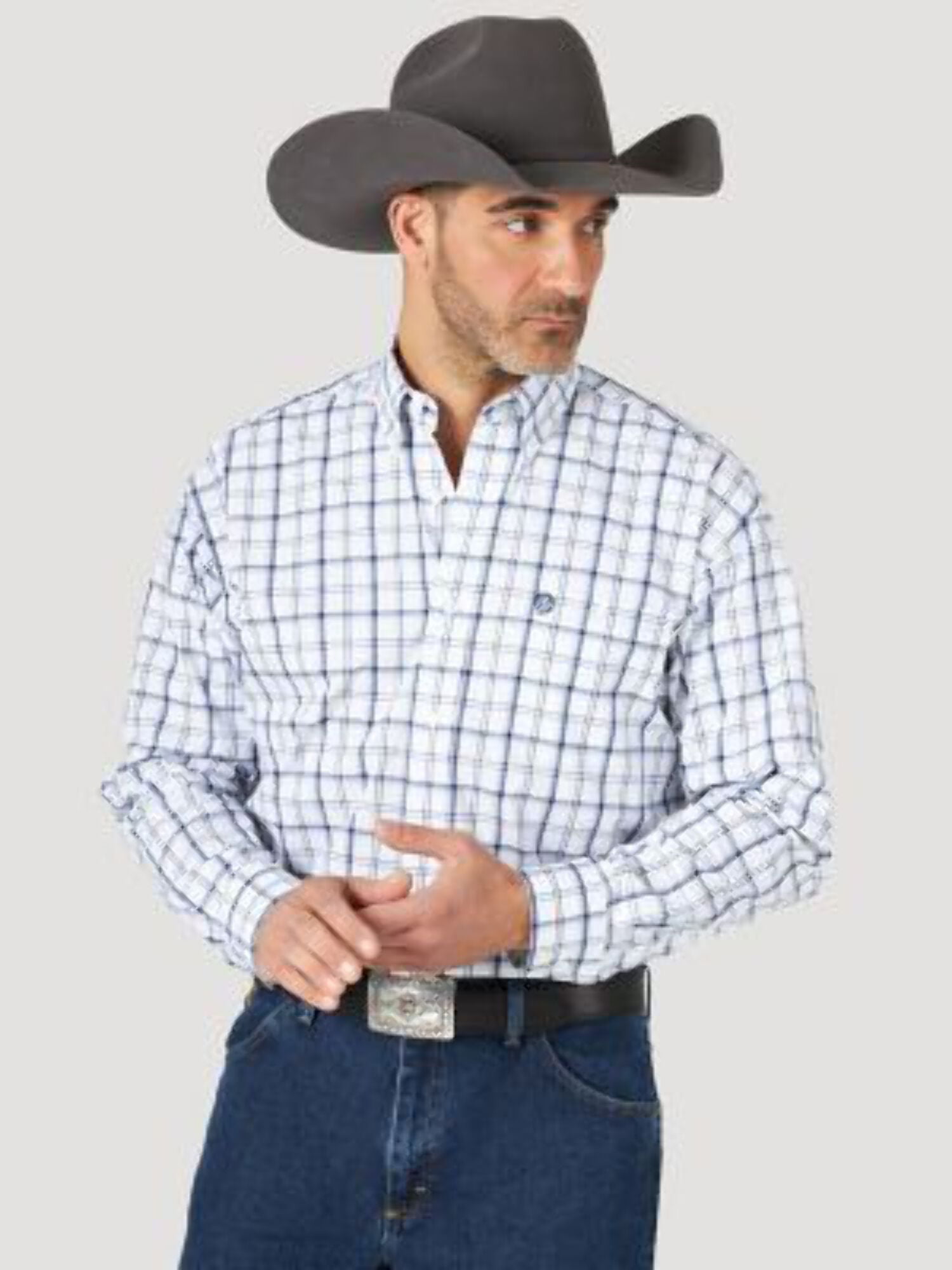 Men's George Strait Long Sleeve Button down One Pocket Plaid Shirt IN  White/Navy MGSN951 - Walmart.com