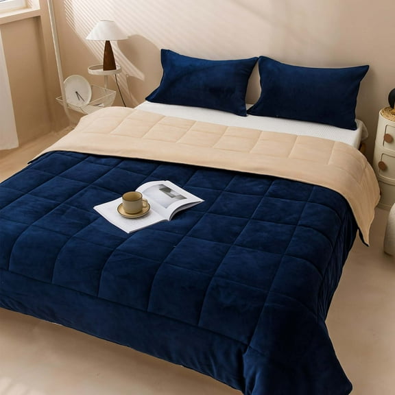 Eurhowing Twin/Full Size Velvet Comforter Set 3 Pieces, Soft Fluffy Reversible Bedding Sets, All Season Lightweight Quilt Bedspread with 2 Pillow Shams, Navy