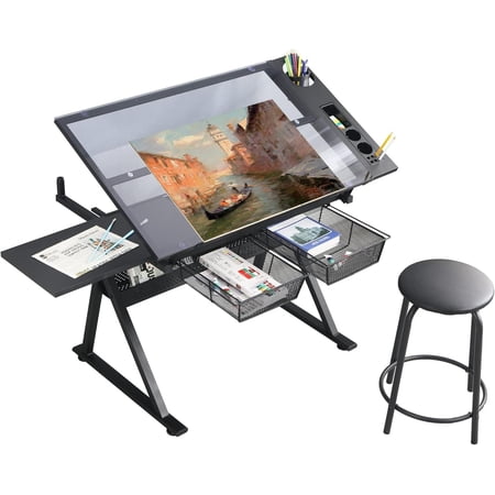 LifeSky Adjustable Drafting Table for Artists - Drawing Table with Storage for Artwork - Glass Art Desk with Drawers for Artists Painters Illustrators Cartoonists