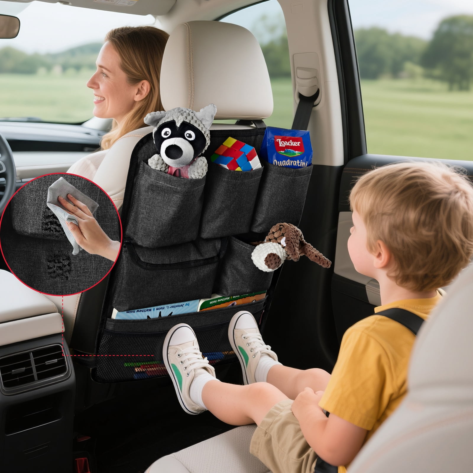 Rubbermaid Car Backseat Storage Bag,Seat Back Organizer,Multifunctional Kick Mat,Backseat Protector Cover Pad,Large Capacity Seat Back Storage Hanging Bag 25MP53