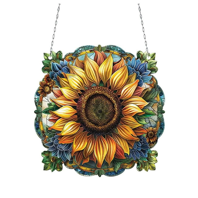 Stained Glass Sunflower Window Hanging Sunflower Suncatcher For Window Garden Decor Stained Panel Flower Suncatcher With Chain Sunflower For Mom Teachers Housewarming
