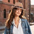 thumbnail image 6 of Qwertyu Wide Brim Western Cowboy Cowgirl Hat with Wind Lanyard Felt Fedora Hat for Men Women Beige, 6 of 6