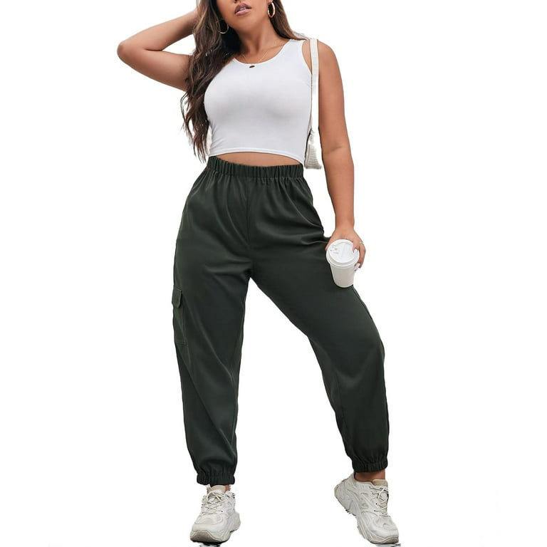 Casual Plain Cargo Pants Green Plus Size Pants (Women's Plus Bottoms) - Walmart.com