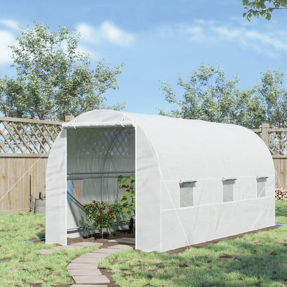 Zateety 15' X 7' X 7' Walk-In Tunnel Greenhouse, Large Garden Hot House Kit with 6 Roll-up Windows & Roll Up Door, Steel Frame, White