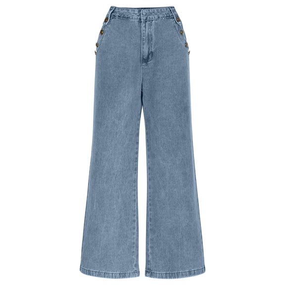 Wide Leg Bootcut Jean for Women Button High Waist Denim Trousers Vintage Loose Denim Jeans Soft Stretch Denim Pants Casual Stylish Jeans Pants Solid Color Distressed Denim Bottoms