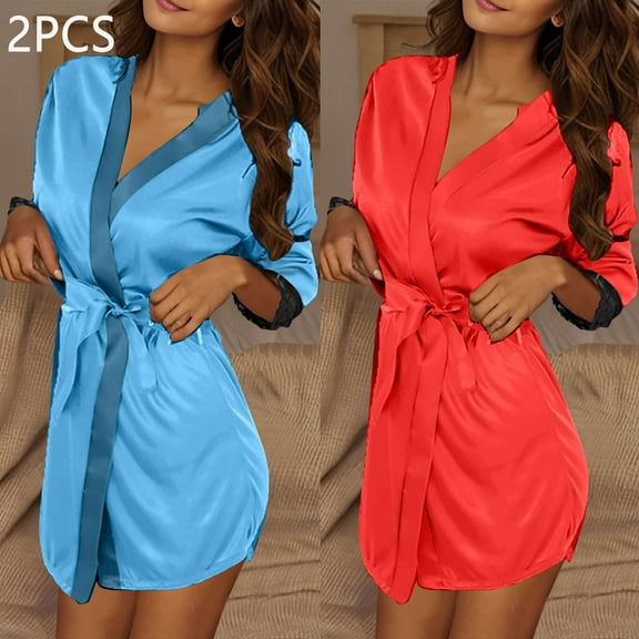 Ailaofu 2PC Women's Lace-Trim Silk Robes Bride Bridesmaid Kimono Satin Bathrobe V Neck Sleepwear with 3/4 Sleeve