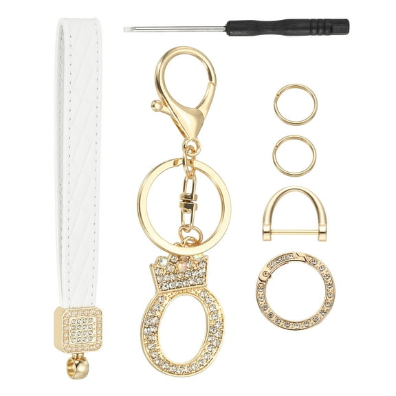 Leather Wristlet Keychain, Crown Design Letter O Keychains with Key Ring and D Ring Car Keys Keychain Decorative Alphabet Key Chain for Bag Backpack DIY, Gold Tone