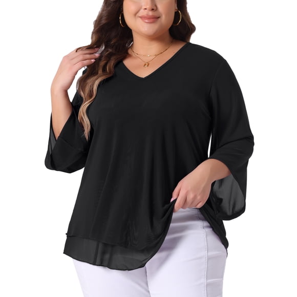 Agnes Orinda Plus Size Shirt for Women 3/4 Bell Sleeve V Neck Double Layers Chiffon Blouse Top 4X Black