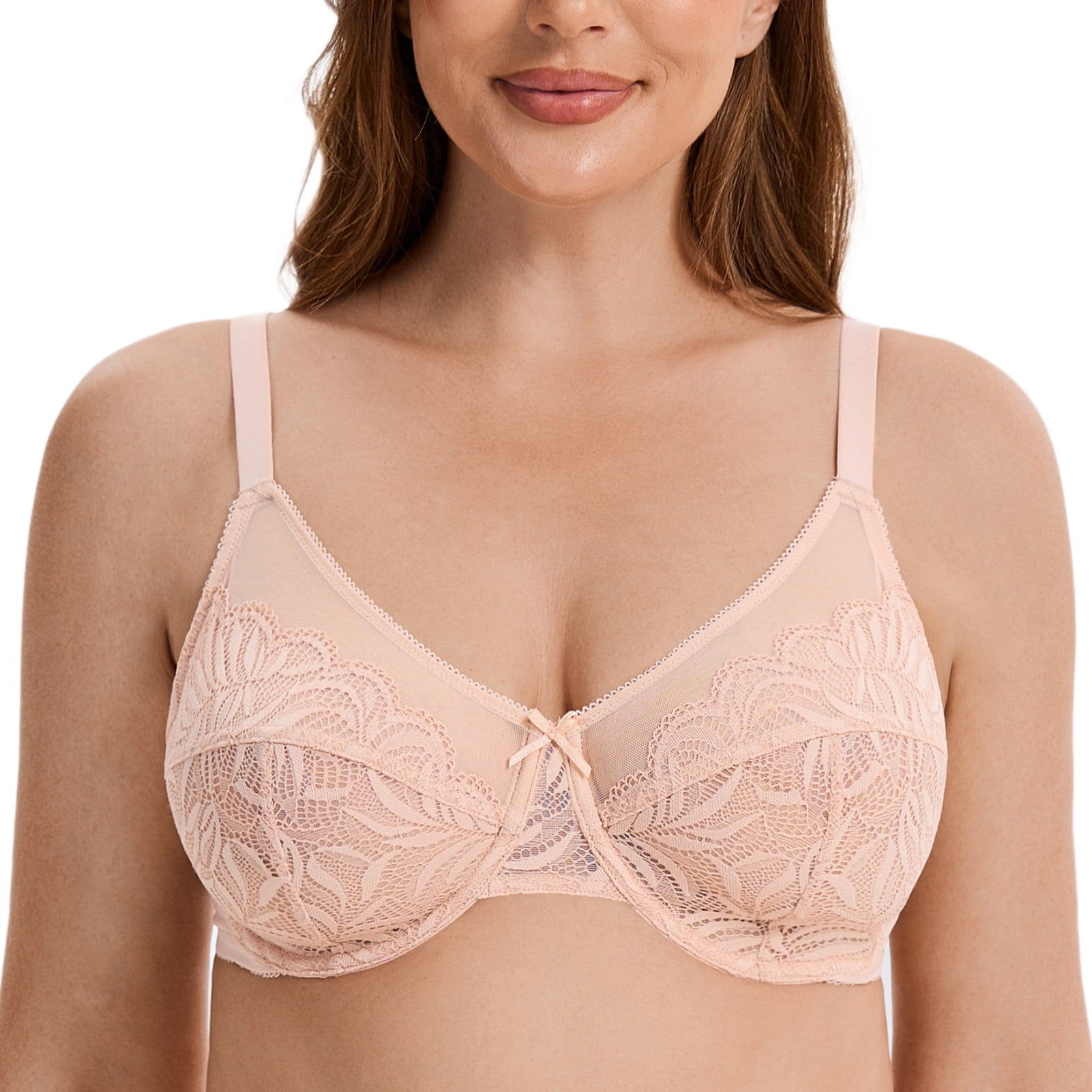 MELENECA Women's Minimizer Bras for Large Bust Underwire Plus Size Full Coverage Lace Bras Beige 36F