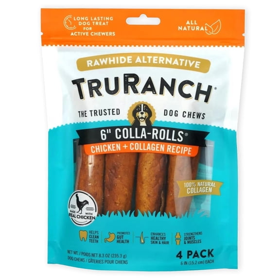 TRURANCH Collagen Rolls - 6" Collagen Rolls for Dogs - Long Lasting Healthy Joint Support Dog Treat - Rawhide Alternative - Skin & Coat Health - Made with Real Chicken, 1 Bag, 4 Count