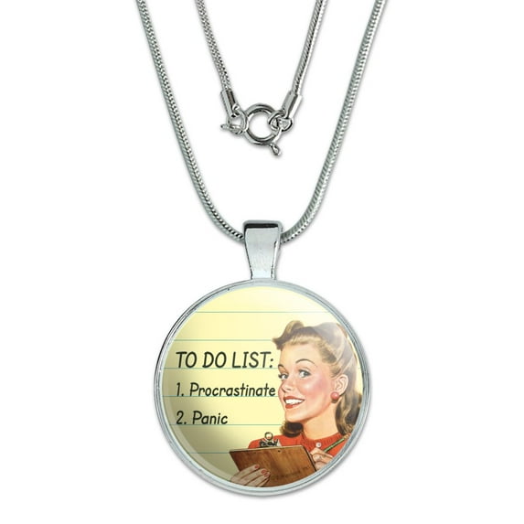 To Do List Procrastinate Panic Funny Humor 1" Pendant with Sterling Silver Plated Chain