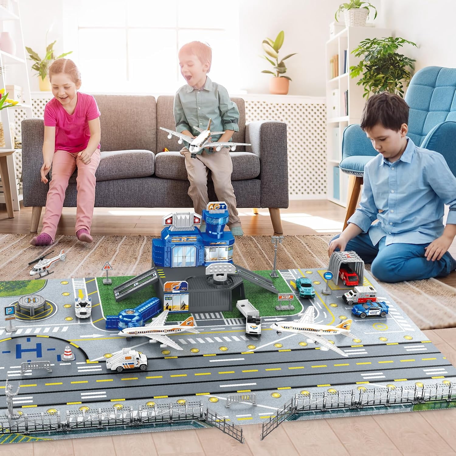 Airplane Toys for Toddlers 2-4, Airplane Toy Set with Trucks Signs and Airport Playmat, Toys for Boys Christmas Birthday Gift