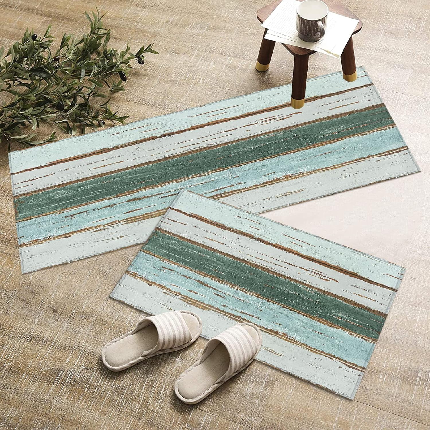 Farm Country Kitchen Rugs and Mats Set of 2, Shabby Teal Wood Grain Non-Slip Floor Doormat Comfort Area Runner Rug and Mat, Retro Wooden Plank Indoor Entrance Carpet Home Decor