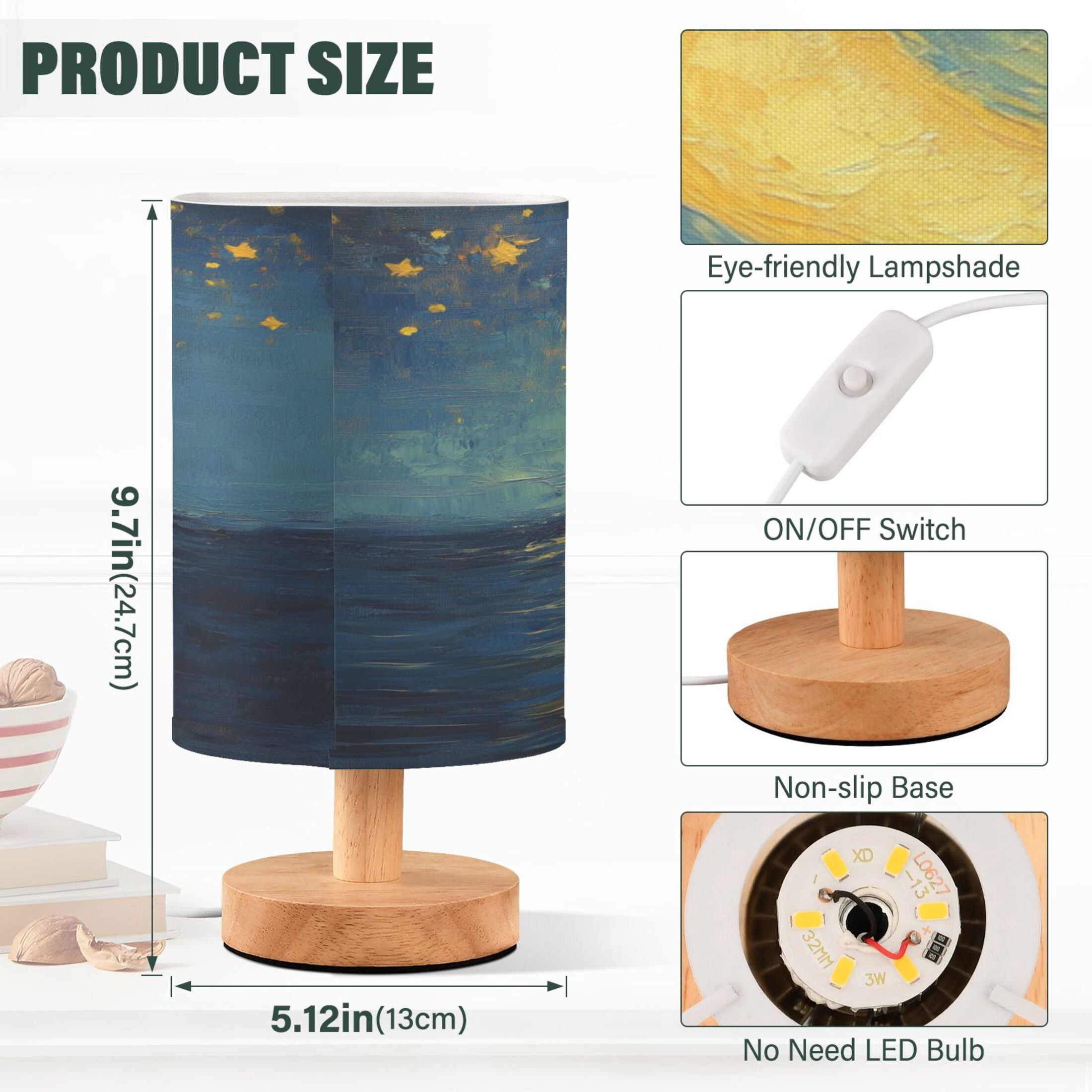 WOBOGO Moon Stars Oil Painting Pattern Bedroom Table Lamp USB Power Connector Wooden Base Round Linen Shade For Living Room Desk