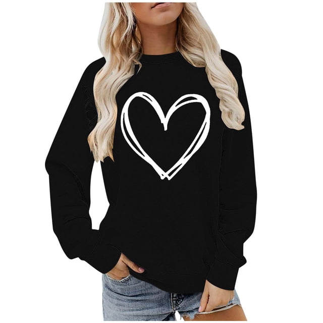 BLVB Chandail à Col Rond pour Femmes, Imprimé de Cœur, Manches Longues, Mignon, Coupe Ample, Léger, Hauts d'Automne, Cadeaux de la Saint-Valentin
