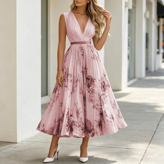 QUNYINEY Floral Elegant Dresses for Women Wedding Guest Long Sleeveless Formal A Line Dress Flowy V Neck Pleated Summer Slim Fit Dresses