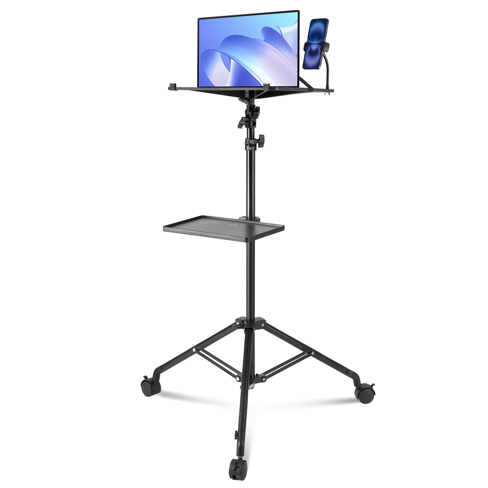 KFFKFF Mobile Projector Stand, Tripod Laptop Stand with Adjustable Elevation from 31.3 to 67.3 inches, Equipped with Dual Trays and Flexible Phone Holder, Suitable for Outdoor Cinema, Home