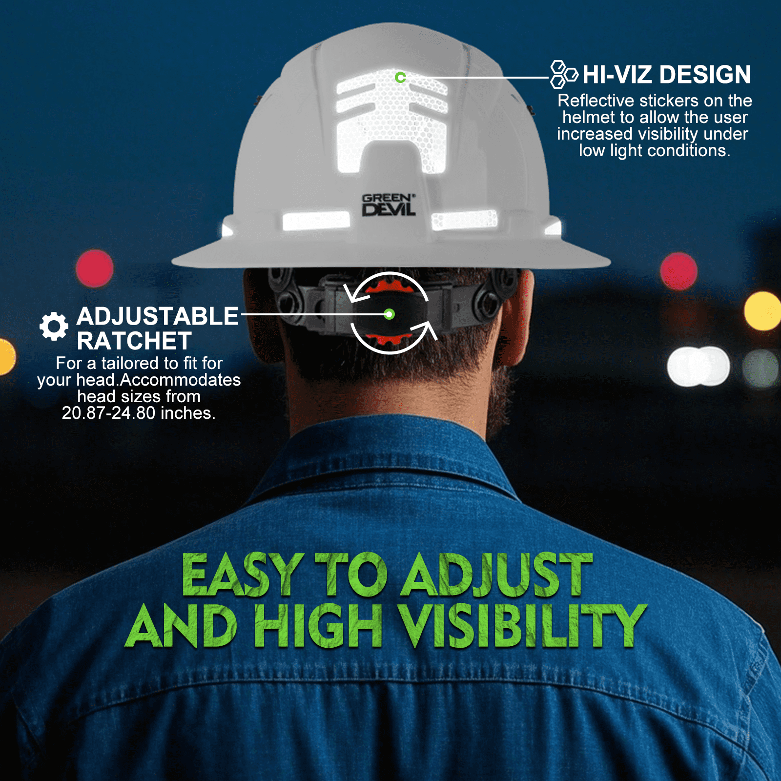 GREEN DEVIL Full Brim Hard Hat ANSI Z89.1 Type 1 Class C Certified Vented Construction Helmet with 6-Point Ratchet Suspension for Men Women