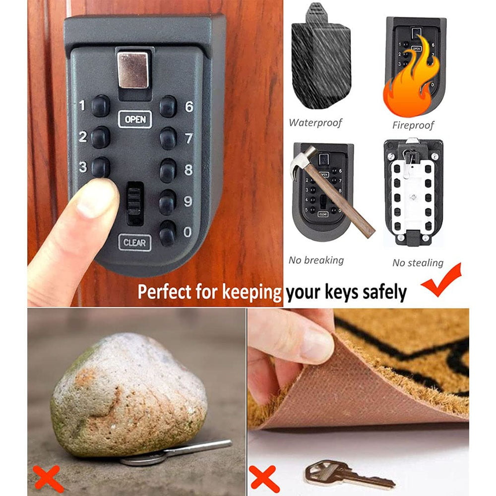 Key Lock Box Wall Mount Waterproof Spare Key Storage Box 10-Digit Combination Lockbox Push Button ,Additional Security