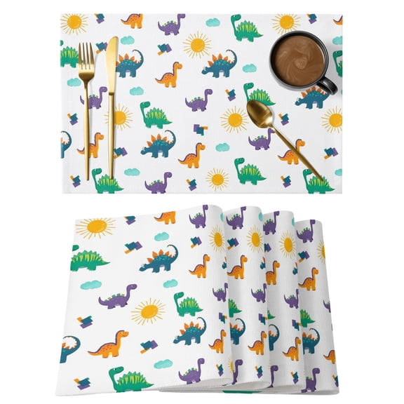 Cartoon Dinosaur Placemats Set of 6 Watercolor Funny Cute Dino Sun Place Mats Indoor Wipeable Table Mats Washable Cloth Dining Table Placemats for Kitchen Holiday Party Home Decor 13x19 Inch