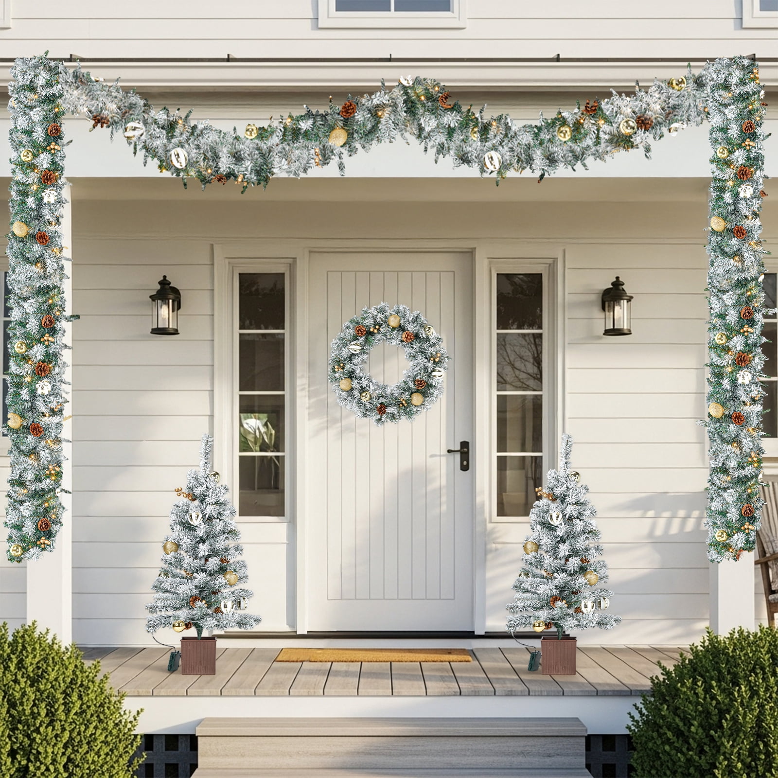 4-Piece Pre-Lit Snow Flocked Christmas Decor Set, 2x3FT Trees 21" Wreath 9FT Garland 230 Warm White LED 8 Modes Remote Control for Indoor Covered Outdoor Entryway Holiday Decor