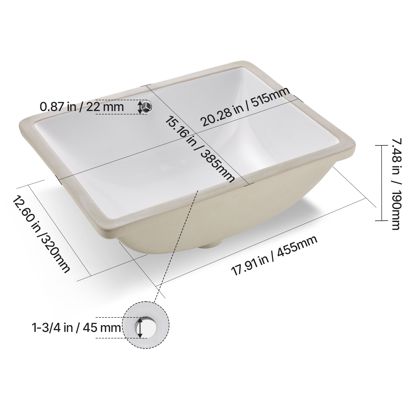 KFFKFF Rectangular Undermount Bathroom Sink, 20.28 x 15.16 Inch White Ceramic Basin with Overflow, Modern Under-Counter Vanity Wash Bowl for Compact Spaces